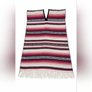 Vintage Mexican Serape Poncho Tunic Fringe Hem Boho Southwestern